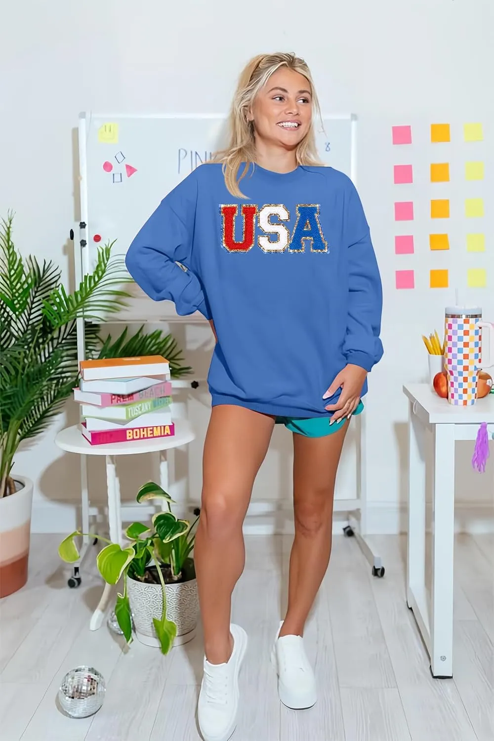 Oversized Usa Sweatshirt Women: Patriotic Tshirt 4th July Shirt Long Sleeve Casual Pullover Tops