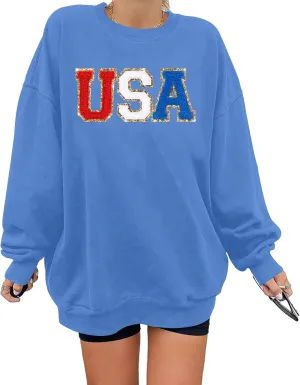 Oversized Usa Sweatshirt Women: Patriotic Tshirt 4th July Shirt Long Sleeve Casual Pullover Tops