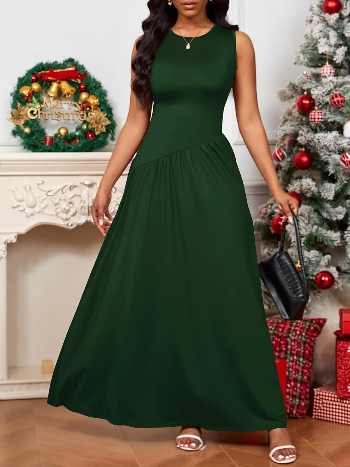 PerZeal Women's Summer Maxi Dress Crewneck Sleeveless Patchwork Knit High Waisted Ruched Tank Flowy Long Formal Dresses