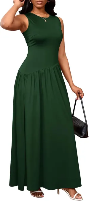PerZeal Women's Summer Maxi Dress Crewneck Sleeveless Patchwork Knit High Waisted Ruched Tank Flowy Long Formal Dresses