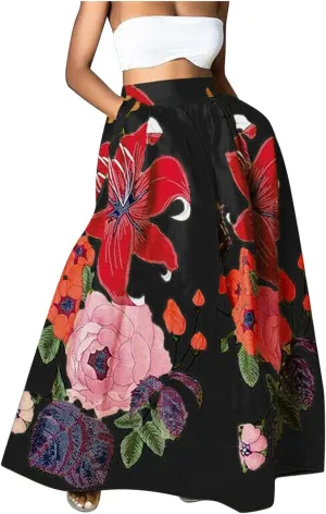 Petite Dresses for Women Floral Print Maxi Skirt High Waisted Mopping Floor Length Big Hem Skirts with Pockets