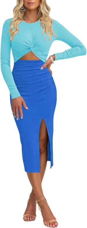 Pink Queen Women's Crew Neck Long Sleeve Midi Dress Cutout Twist Front Bodycon Slit Pencil Ribbed Knit Dresses