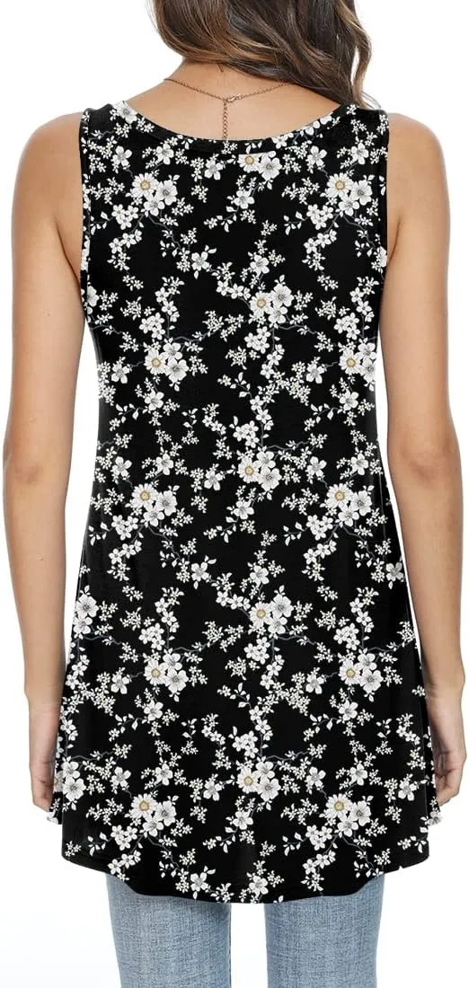 POPYOUNG Women's Long Tunic Tank to Wear with Leggings Summer V-Neck Sleeveless Tops Loose Shirts