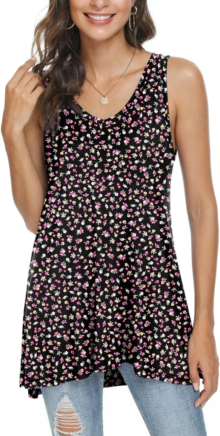 POPYOUNG Women's Long Tunic Tank to Wear with Leggings Summer V-Neck Sleeveless Tops Loose Shirts