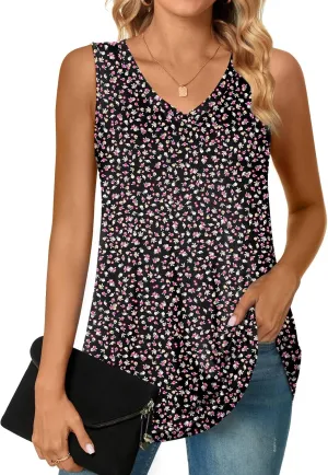 POPYOUNG Women's Long Tunic Tank to Wear with Leggings Summer V-Neck Sleeveless Tops Loose Shirts