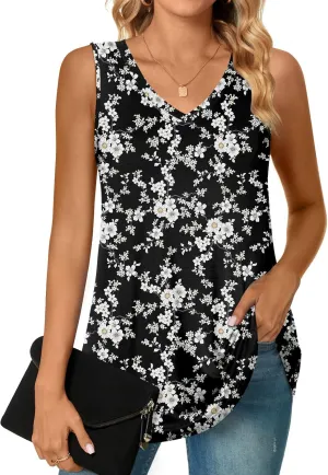 POPYOUNG Women's Long Tunic Tank to Wear with Leggings Summer V-Neck Sleeveless Tops Loose Shirts