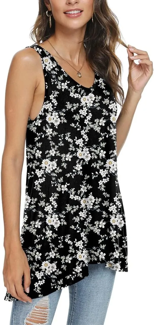 POPYOUNG Women's Long Tunic Tank to Wear with Leggings Summer V-Neck Sleeveless Tops Loose Shirts