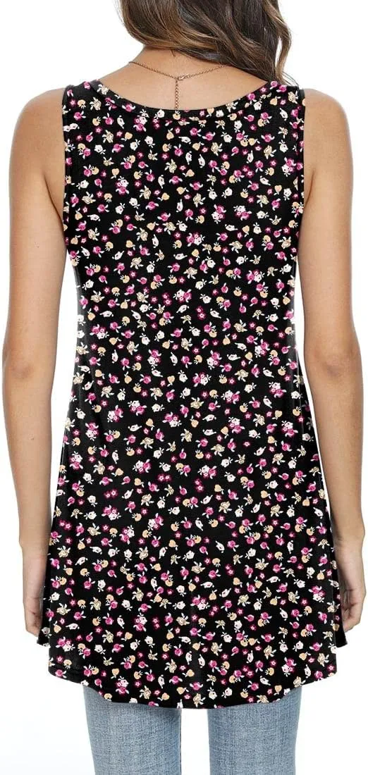 POPYOUNG Women's Long Tunic Tank to Wear with Leggings Summer V-Neck Sleeveless Tops Loose Shirts
