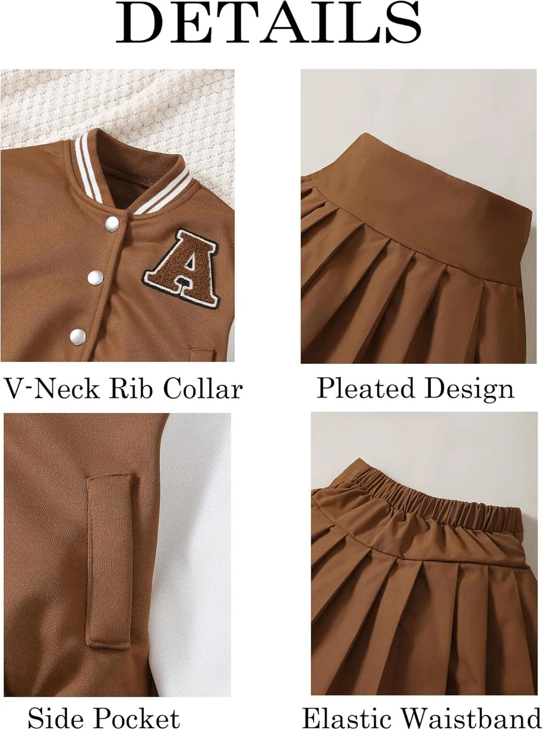 Preppy Clothes for Girls Baseball Jacket Skirt Set Button Front Patched Sweatshirt Pleated Skirts 2 Piece Outfits
