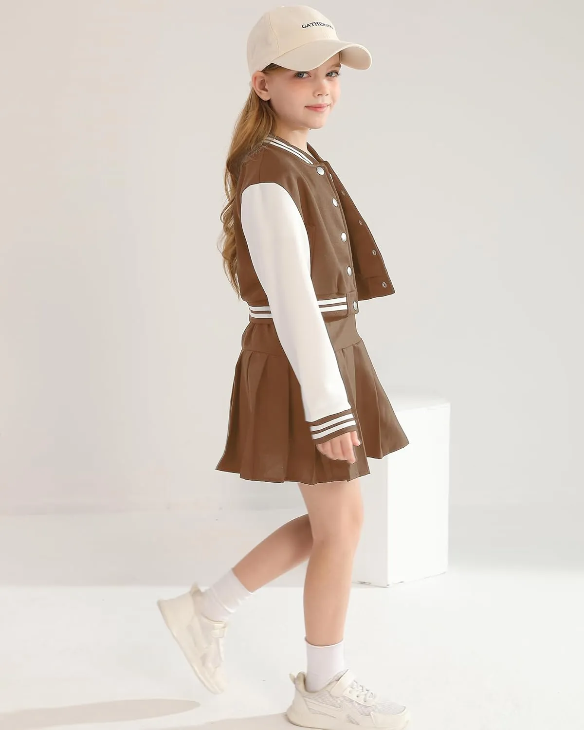 Preppy Clothes for Girls Baseball Jacket Skirt Set Button Front Patched Sweatshirt Pleated Skirts 2 Piece Outfits