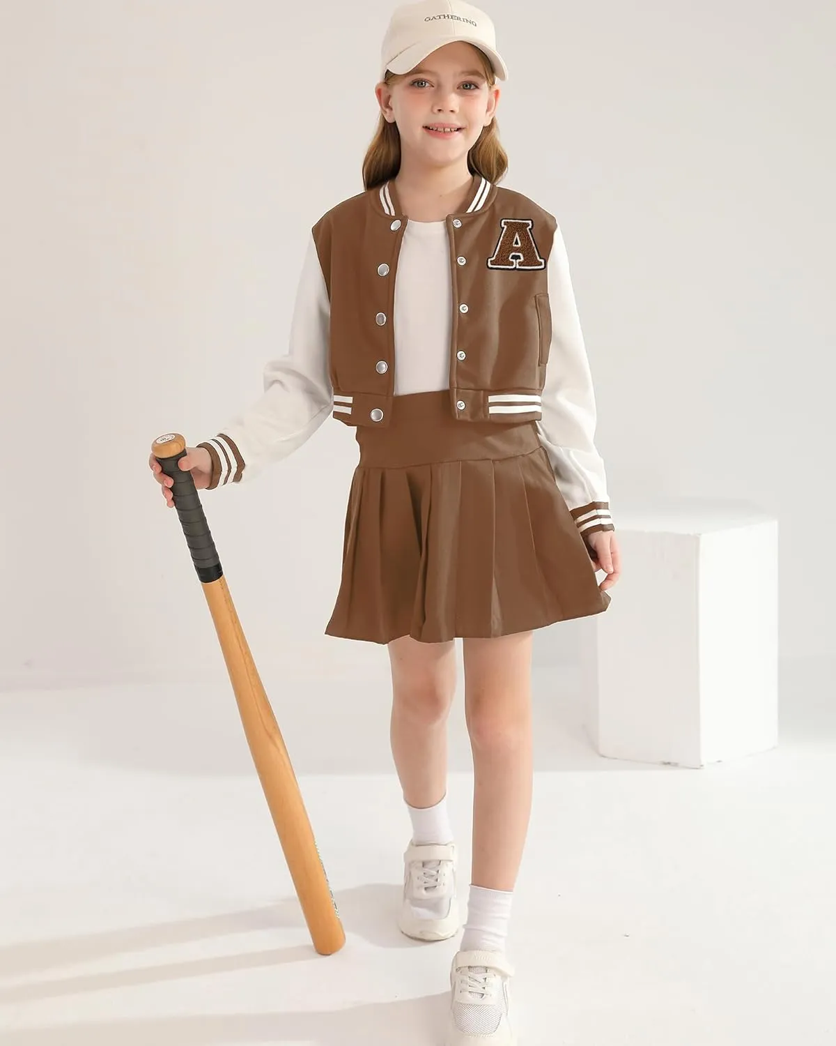 Preppy Clothes for Girls Baseball Jacket Skirt Set Button Front Patched Sweatshirt Pleated Skirts 2 Piece Outfits