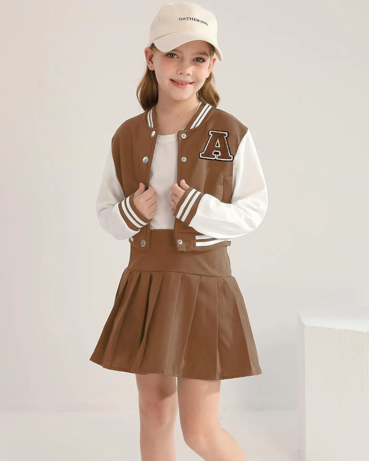 Preppy Clothes for Girls Baseball Jacket Skirt Set Button Front Patched Sweatshirt Pleated Skirts 2 Piece Outfits