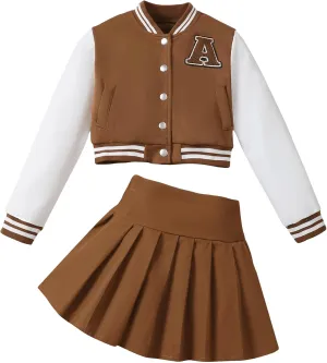 Preppy Clothes for Girls Baseball Jacket Skirt Set Button Front Patched Sweatshirt Pleated Skirts 2 Piece Outfits