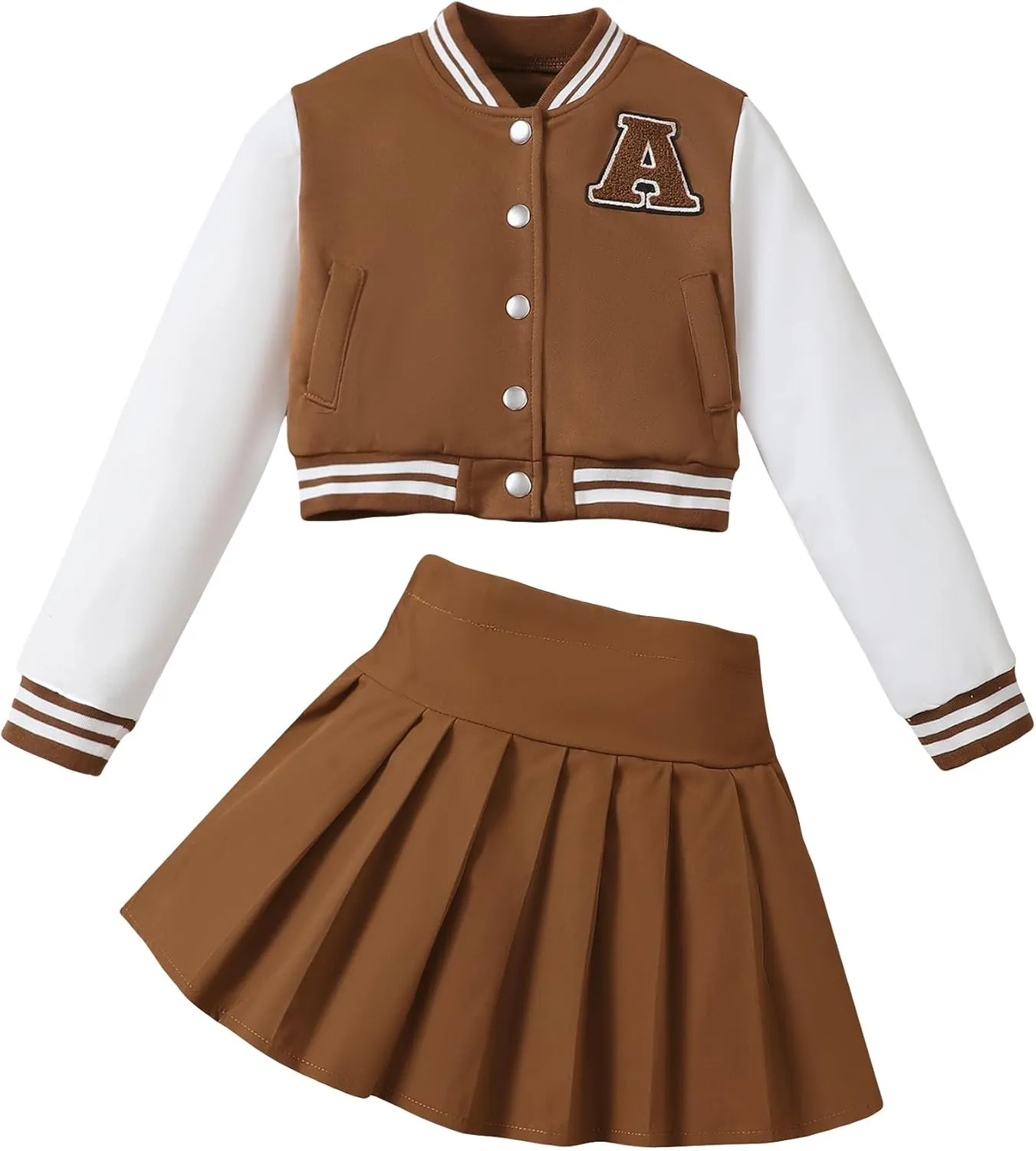 Preppy Clothes for Girls Baseball Jacket Skirt Set Button Front Patched Sweatshirt Pleated Skirts 2 Piece Outfits