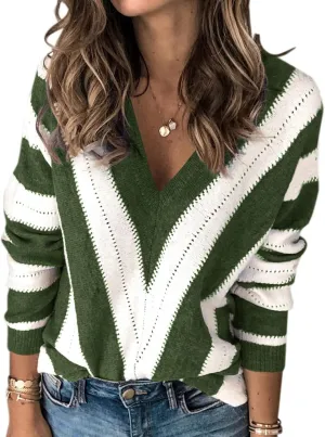 PRETTYGARDEN Women's Fashion Long Sleeve Striped Color Block Knitted Sweater Crew Neck Loose Pullover Jumper Tops