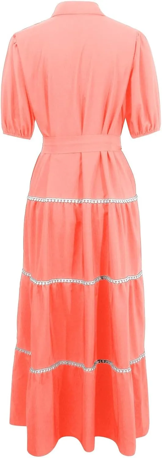 PTOLOCIF Women's Summer Button Up Short Sleeve Layered Pleated Flowing Long Skirt Formal Midi Dress with Sleeves