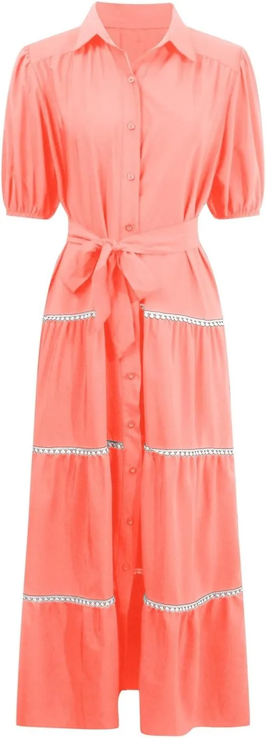 PTOLOCIF Women's Summer Button Up Short Sleeve Layered Pleated Flowing Long Skirt Formal Midi Dress with Sleeves
