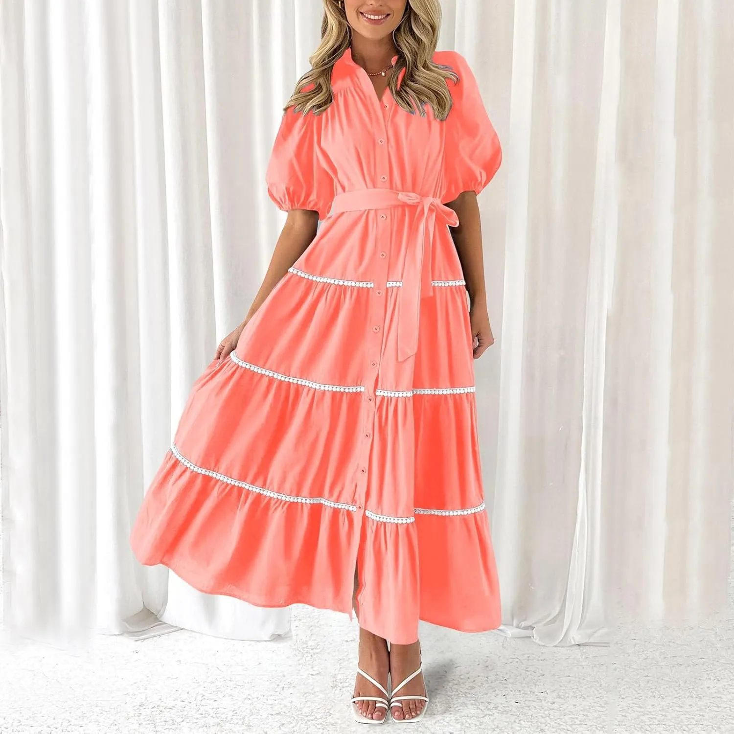PTOLOCIF Women's Summer Button Up Short Sleeve Layered Pleated Flowing Long Skirt Formal Midi Dress with Sleeves