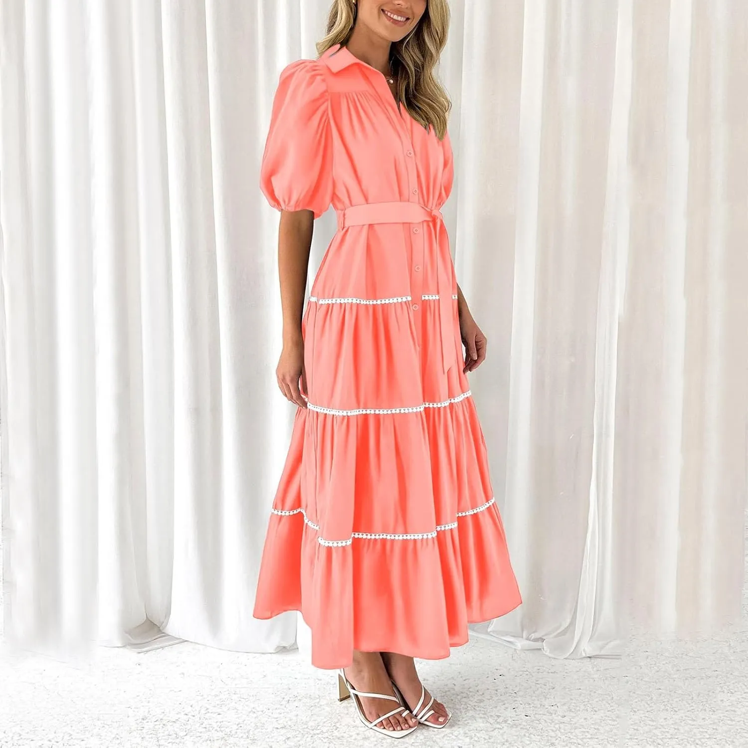 PTOLOCIF Women's Summer Button Up Short Sleeve Layered Pleated Flowing Long Skirt Formal Midi Dress with Sleeves