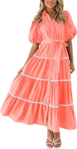 PTOLOCIF Women's Summer Button Up Short Sleeve Layered Pleated Flowing Long Skirt Formal Midi Dress with Sleeves