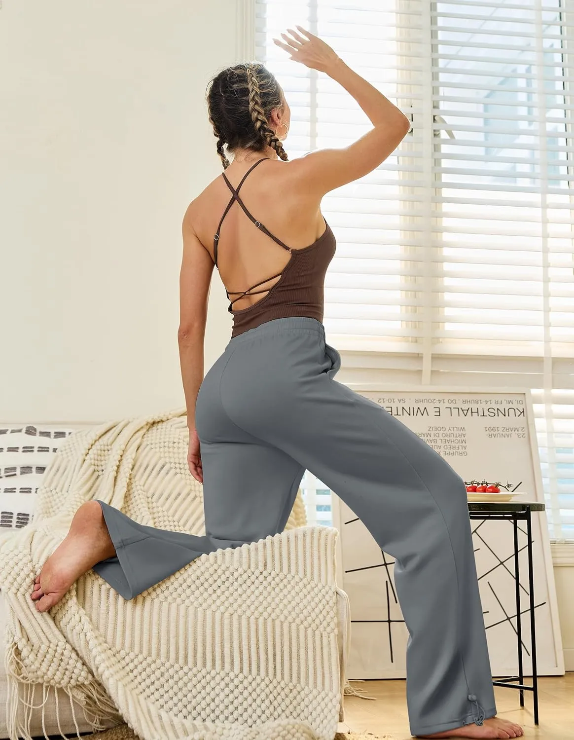 PULI Women Wide Leg Sweatpants 30" High Waist Lounge Yoga Pants Drawstring Loose Joggers with Pockets