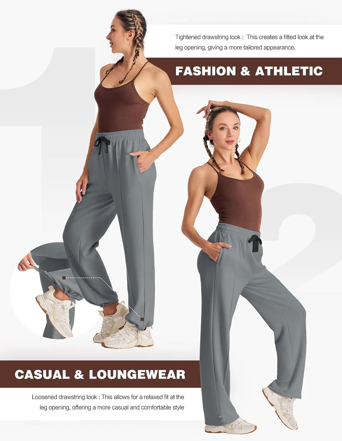 PULI Women Wide Leg Sweatpants 30" High Waist Lounge Yoga Pants Drawstring Loose Joggers with Pockets