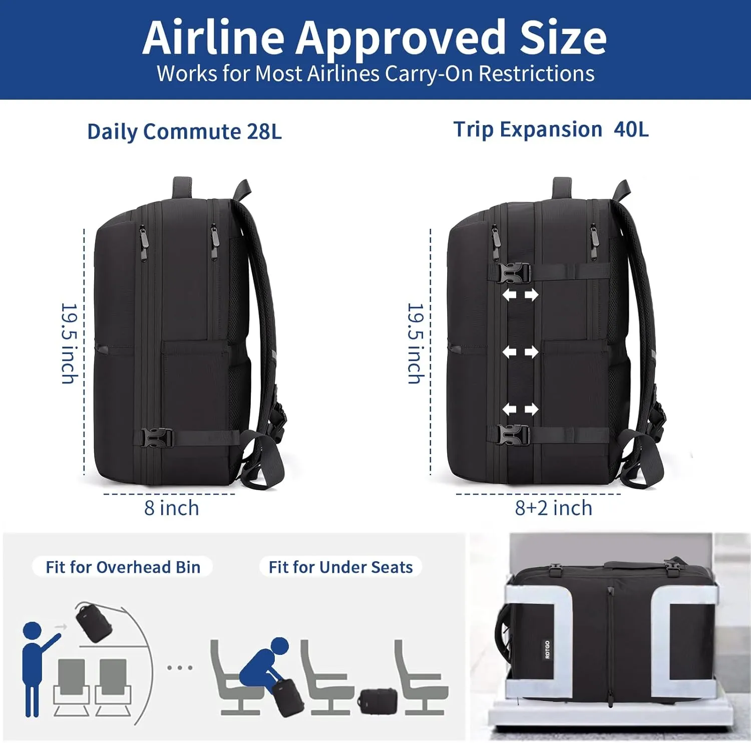 RDTGO Men's 17 Inch Laptop Backpack, Black, 4 Packing Cubes, Expandable, Flight Approved