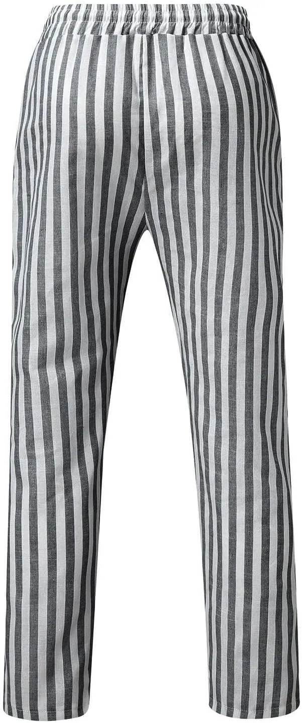 Rela Bota Mens Fashion Cotton Linen Pants Casual Striped Chino Dress Slim Fit Drawstring Slack Straight Trousers