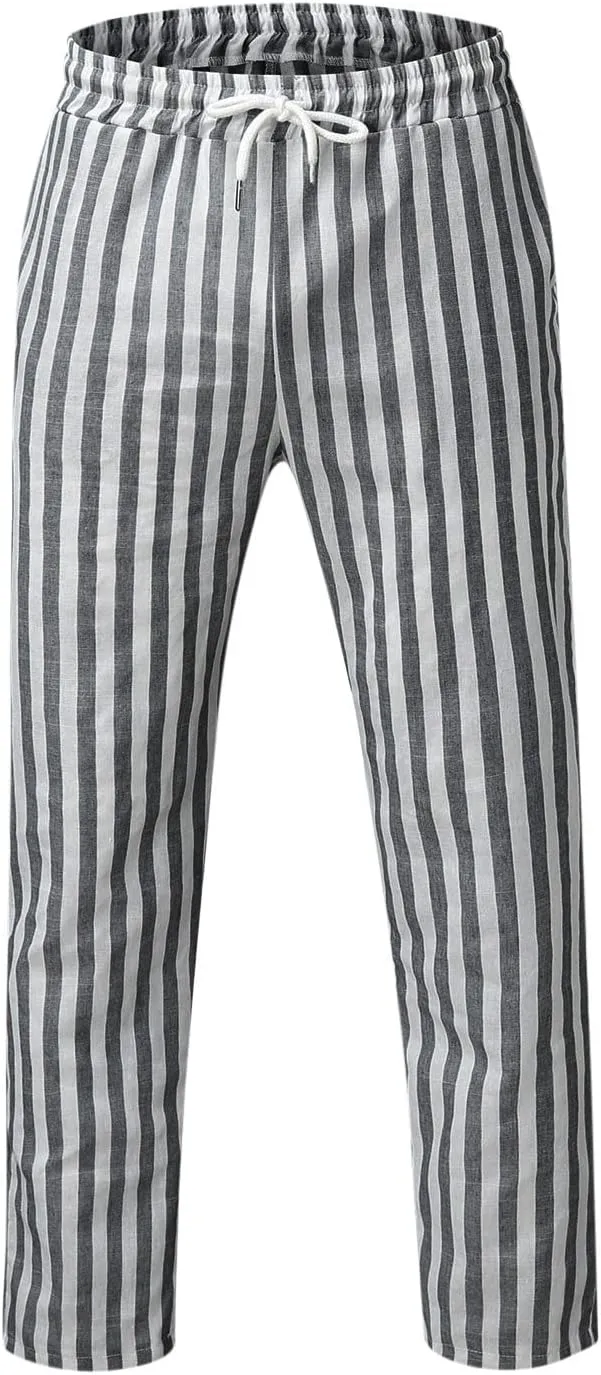 Rela Bota Mens Fashion Cotton Linen Pants Casual Striped Chino Dress Slim Fit Drawstring Slack Straight Trousers