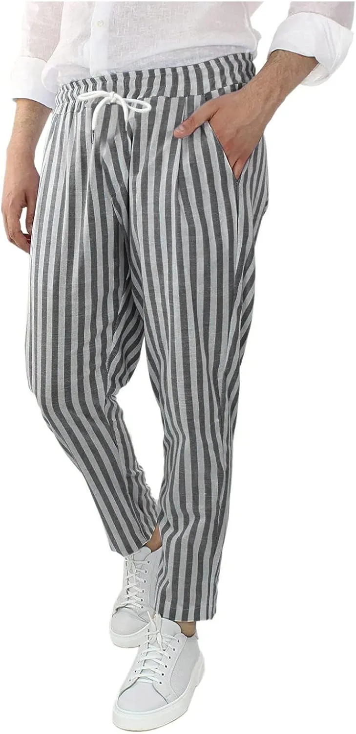 Rela Bota Mens Fashion Cotton Linen Pants Casual Striped Chino Dress Slim Fit Drawstring Slack Straight Trousers