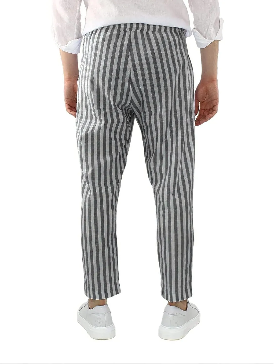 Rela Bota Mens Fashion Cotton Linen Pants Casual Striped Chino Dress Slim Fit Drawstring Slack Straight Trousers