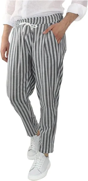 Rela Bota Mens Fashion Cotton Linen Pants Casual Striped Chino Dress Slim Fit Drawstring Slack Straight Trousers