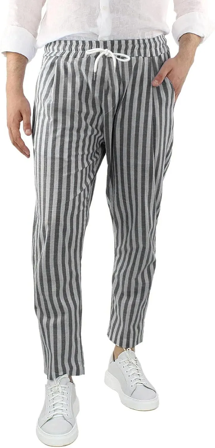 Rela Bota Mens Fashion Cotton Linen Pants Casual Striped Chino Dress Slim Fit Drawstring Slack Straight Trousers