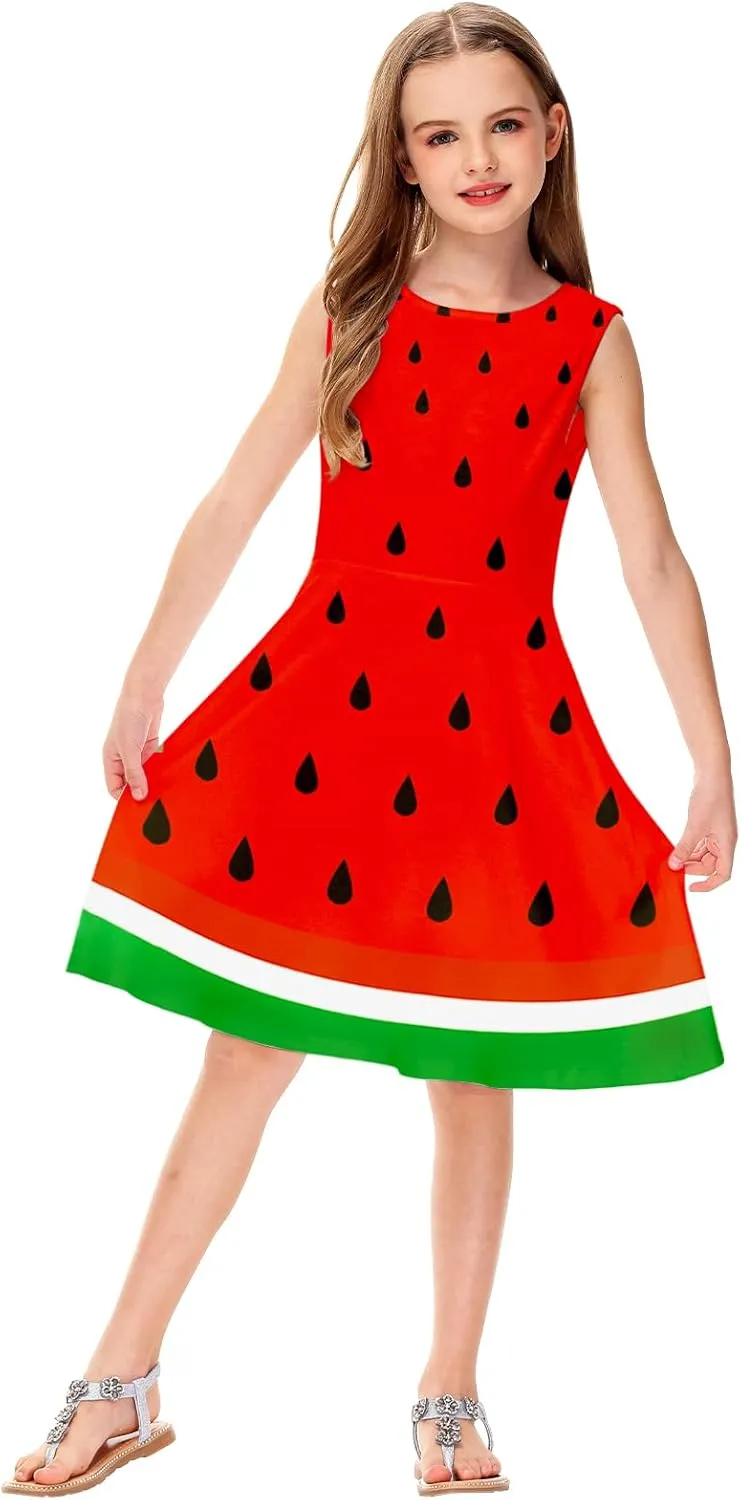 Remimi Girls Summer Sleeveless Dress Tropical Print Skater Twirly Dresses 3-14 Years