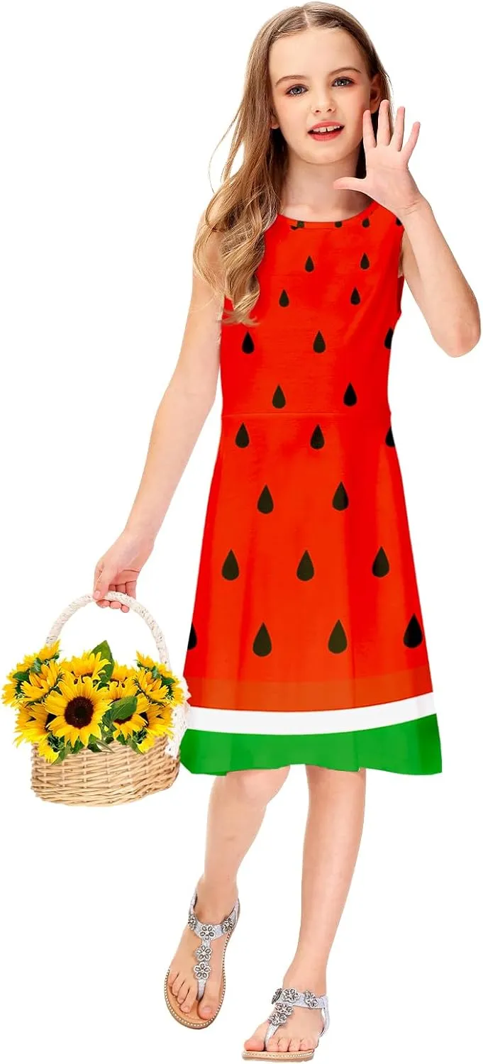 Remimi Girls Summer Sleeveless Dress Tropical Print Skater Twirly Dresses 3-14 Years