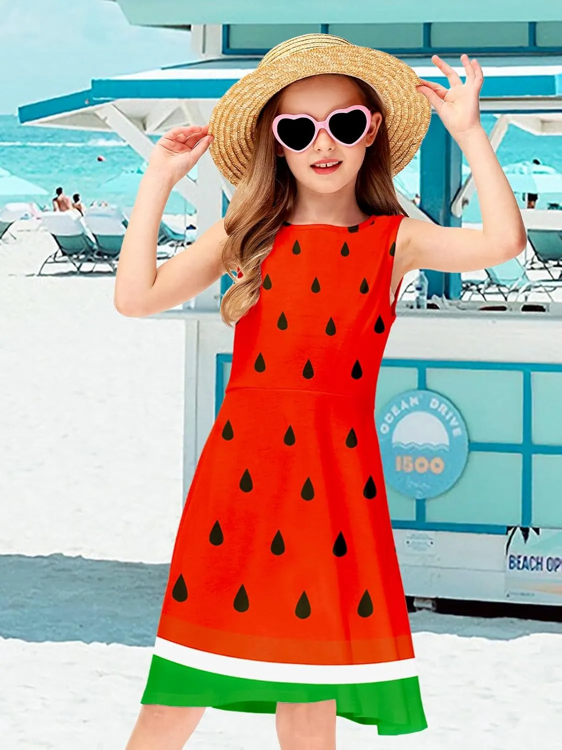 Remimi Girls Summer Sleeveless Dress Tropical Print Skater Twirly Dresses 3-14 Years