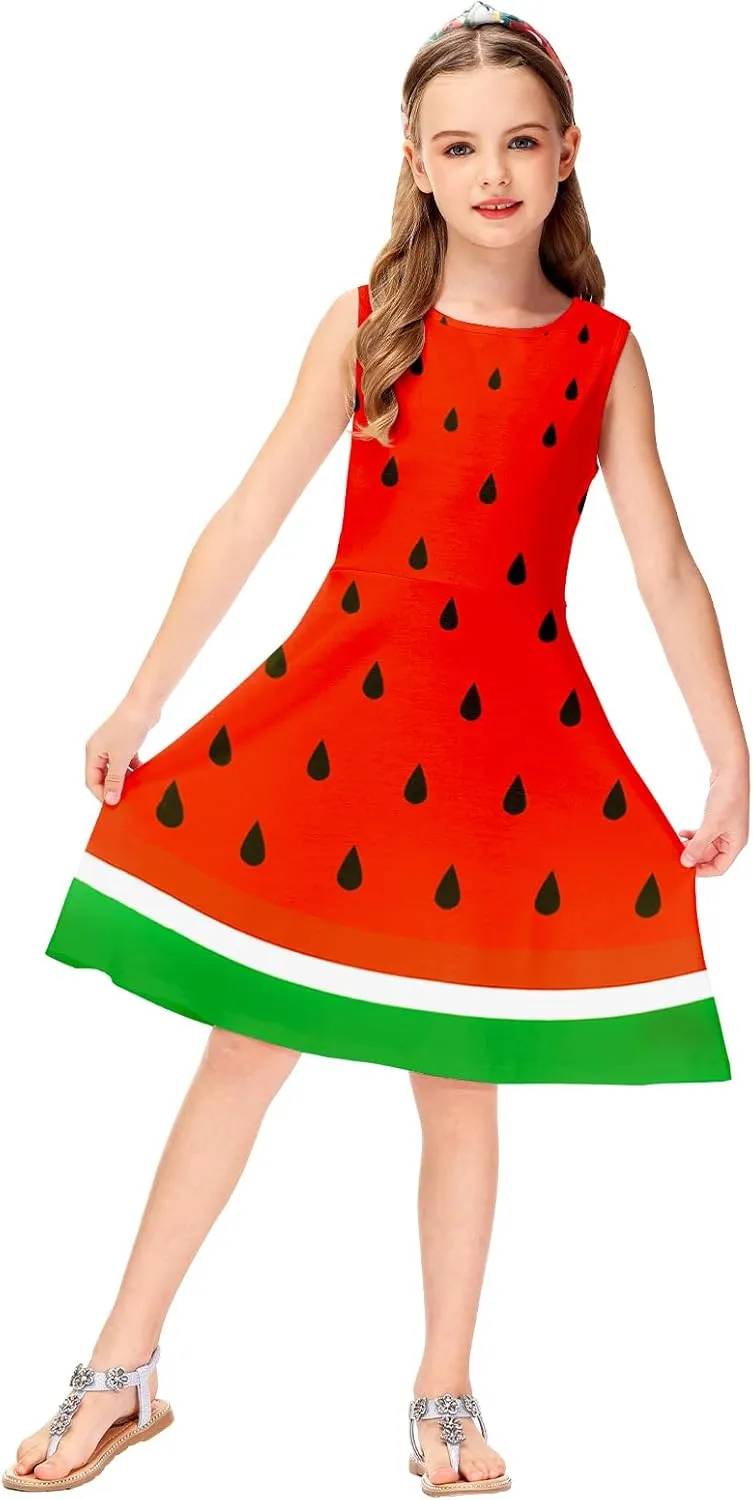 Remimi Girls Summer Sleeveless Dress Tropical Print Skater Twirly Dresses 3-14 Years