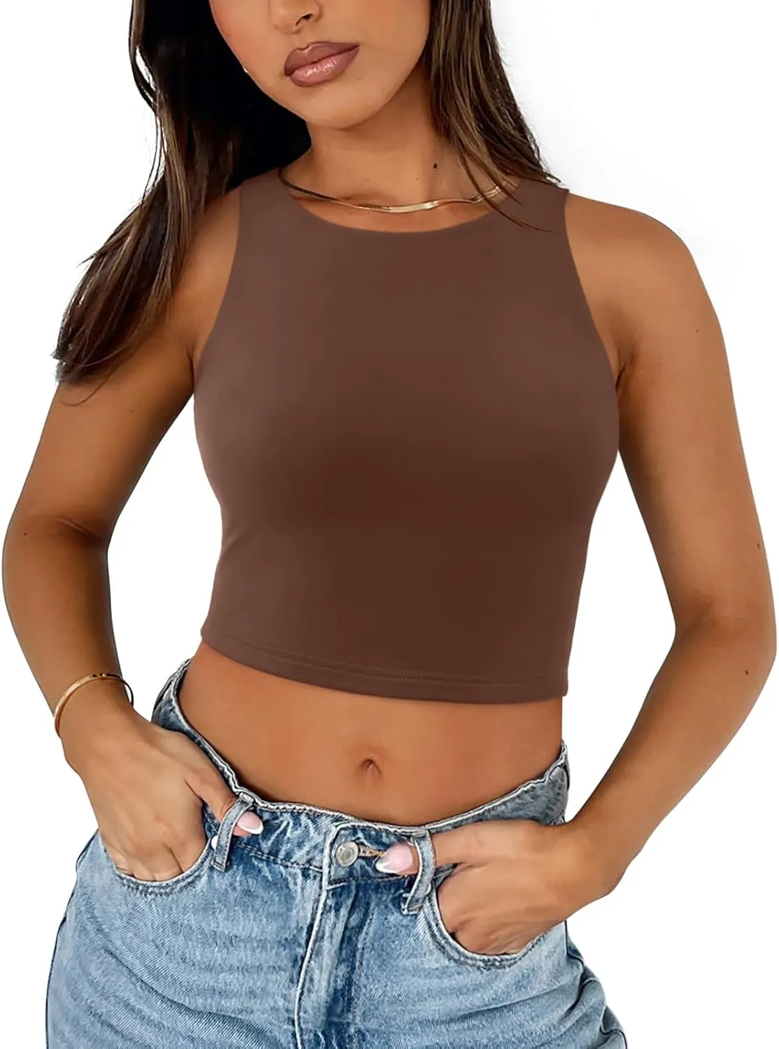 REORIA Butsmooth Women's Sleeveless Halter Neck Double Lined Casual Basic Crop Tank Tops
