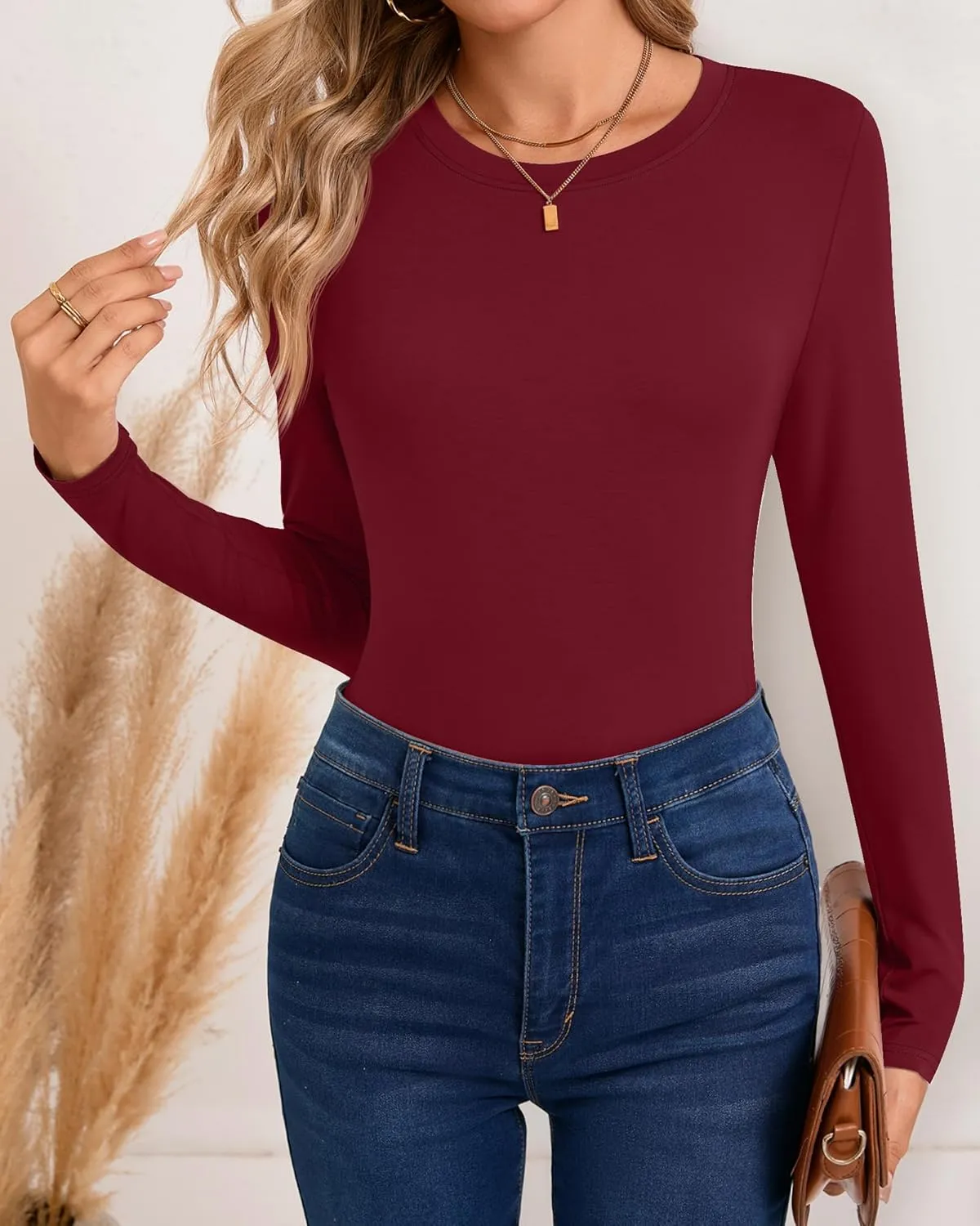 Riyiper 3 Pack Women's Long Sleeve Shirts Casual Tight Tops Slim Fit Crew Neck Modal Undershirt Basic Fall Trendy Outfits