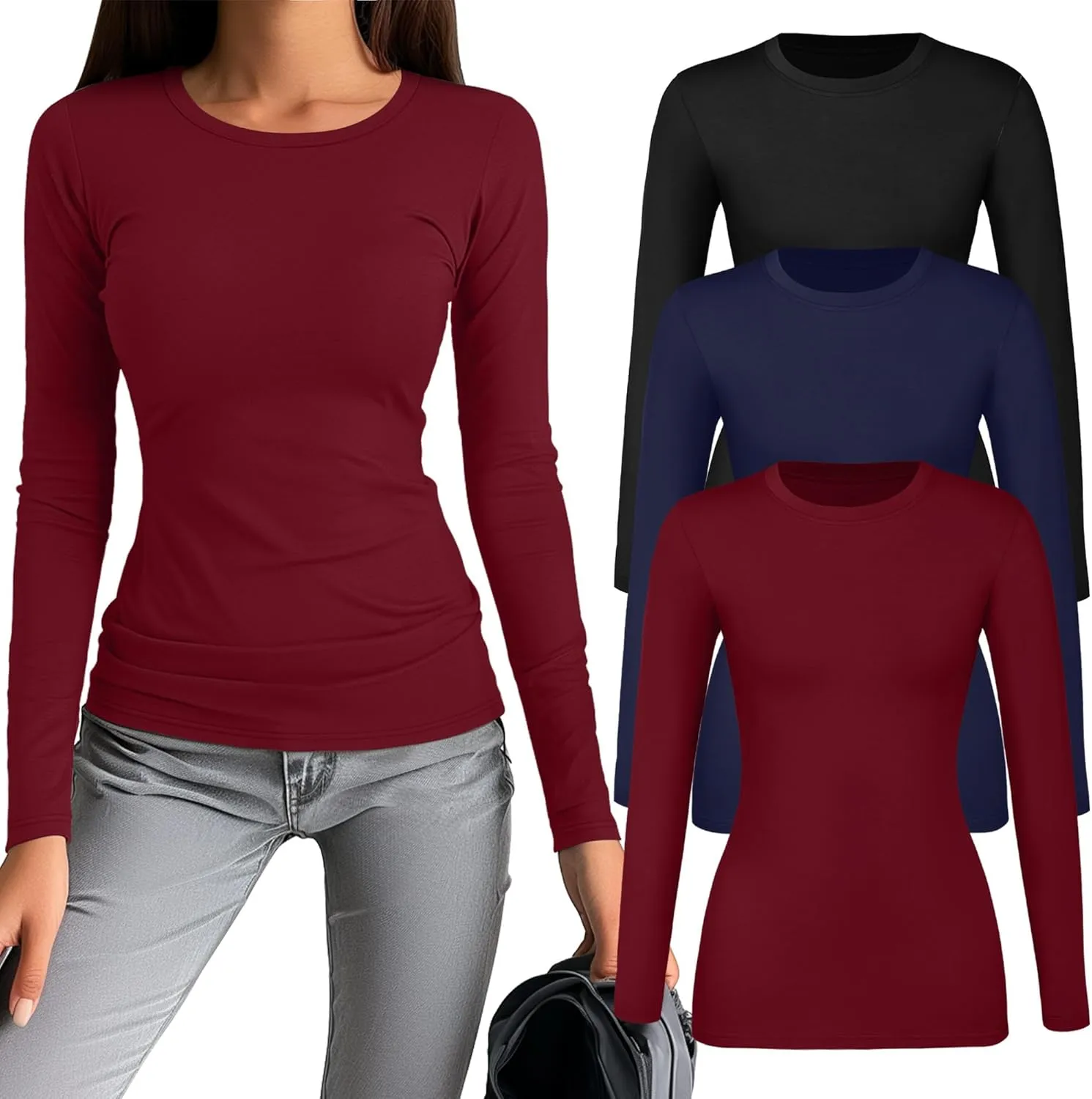 Riyiper 3 Pack Women's Long Sleeve Shirts Casual Tight Tops Slim Fit Crew Neck Modal Undershirt Basic Fall Trendy Outfits
