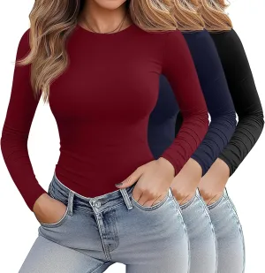 Riyiper 3 Pack Women's Long Sleeve Shirts Casual Tight Tops Slim Fit Crew Neck Modal Undershirt Basic Fall Trendy Outfits