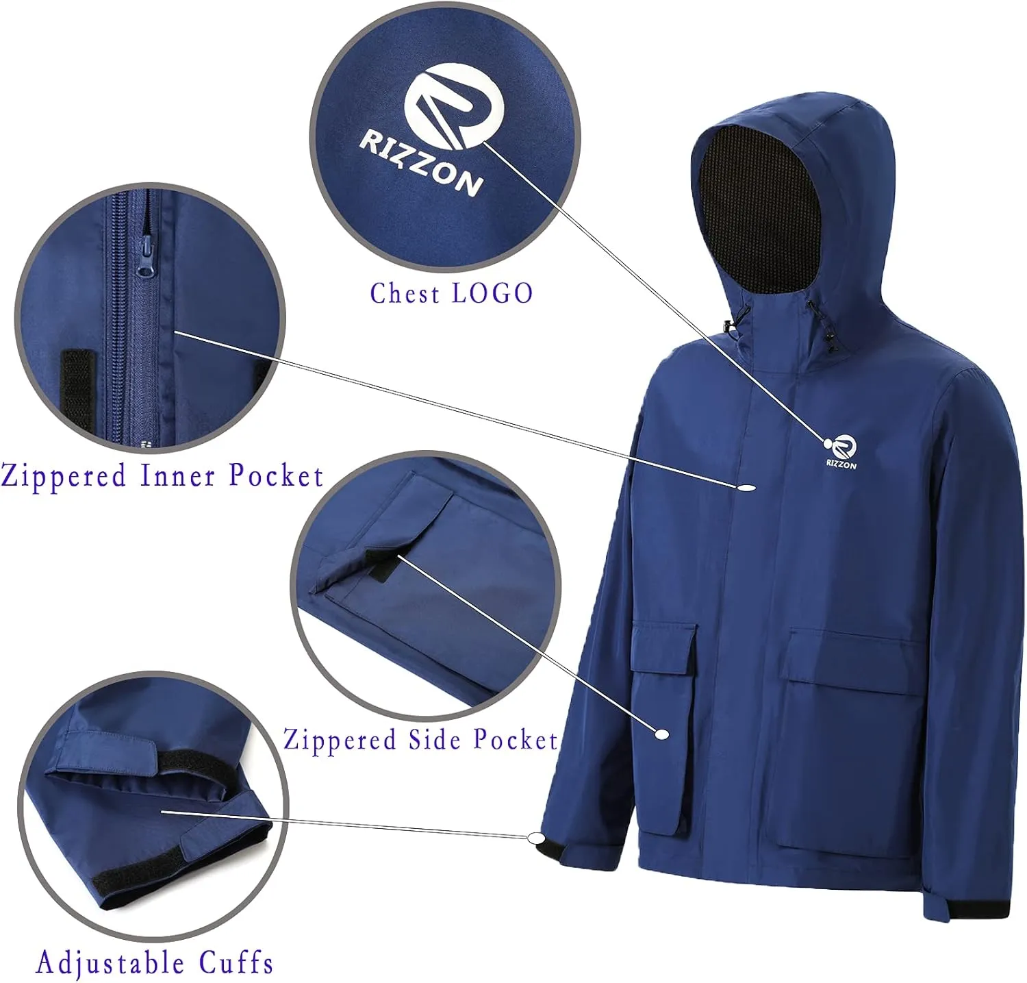 Rizzon Fishing Rain Suit for Men Waterproof Sailing Rain Jacket Bib Pants With Hood Foul Weather Gear