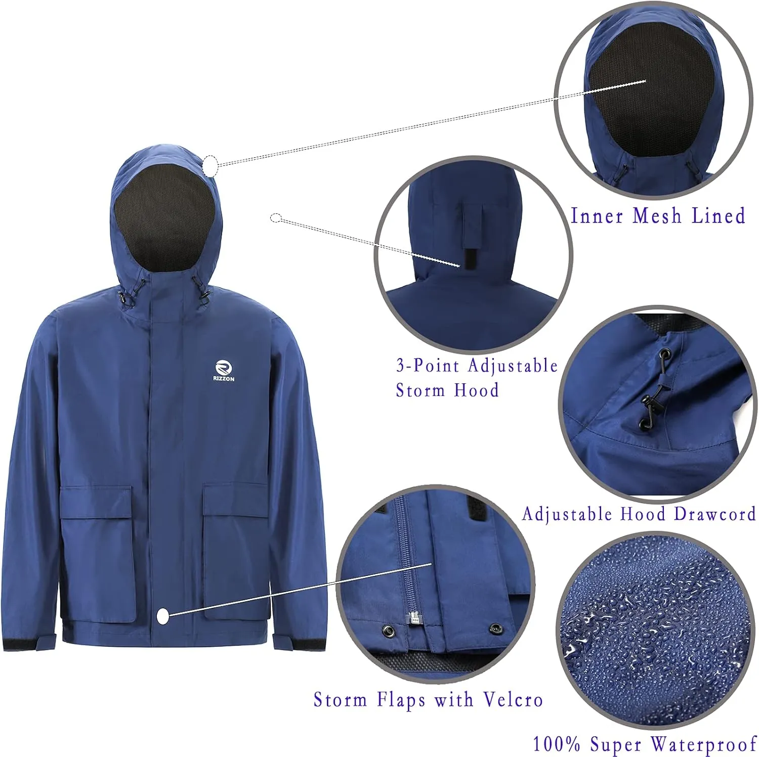 Rizzon Fishing Rain Suit for Men Waterproof Sailing Rain Jacket Bib Pants With Hood Foul Weather Gear