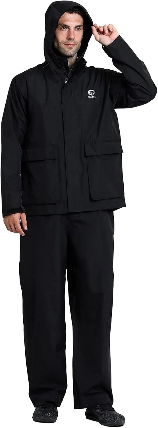 Rizzon Fishing Rain Suit for Men Waterproof Sailing Rain Jacket Bib Pants With Hood Foul Weather Gear