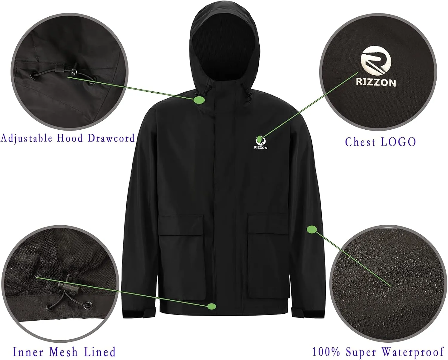 Rizzon Fishing Rain Suit for Men Waterproof Sailing Rain Jacket Bib Pants With Hood Foul Weather Gear