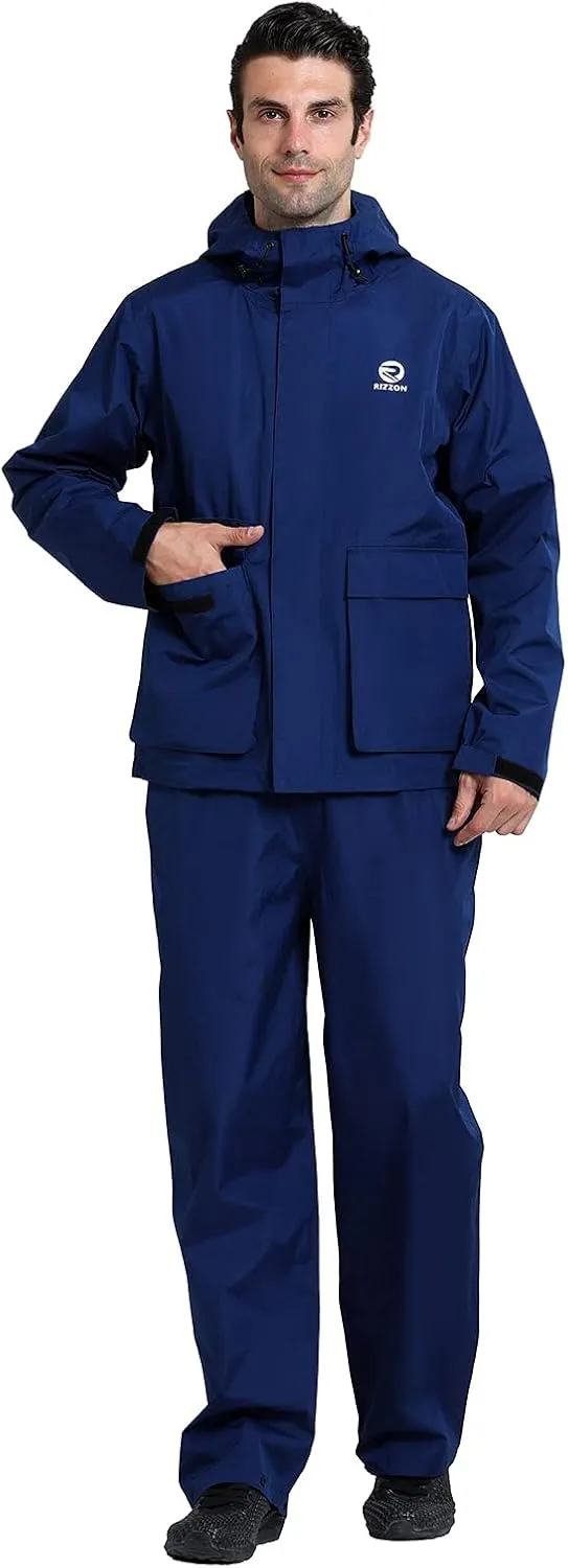 Rizzon Fishing Rain Suit for Men Waterproof Sailing Rain Jacket Bib Pants With Hood Foul Weather Gear