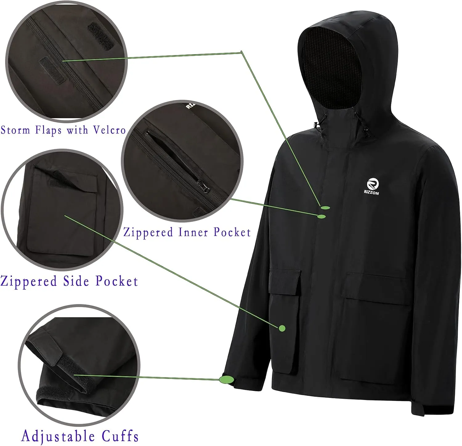 Rizzon Fishing Rain Suit for Men Waterproof Sailing Rain Jacket Bib Pants With Hood Foul Weather Gear