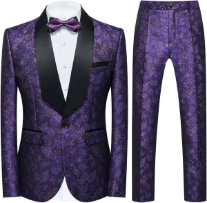 Rogers & Morris Tuxedo for Men Slim fit 2 Piece Suits Set for Prom with Floral Patterm Suit Jacket Pants