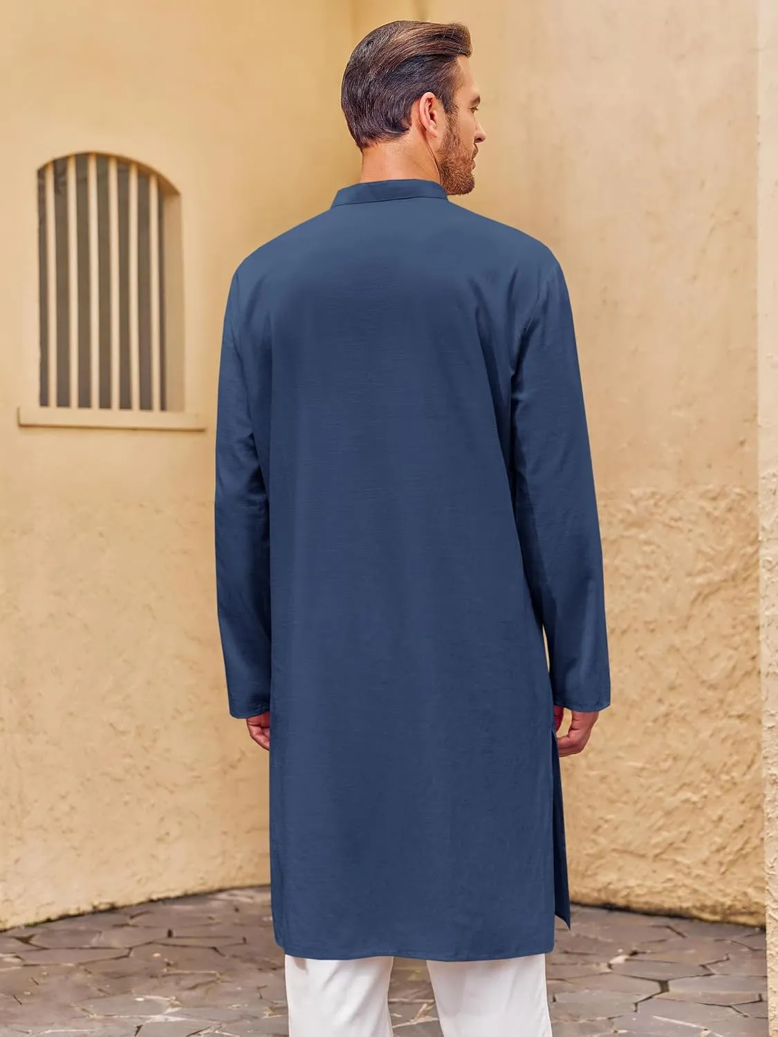 Runcati Mens Kaftan Thobe Button Down Henley Shirts Robe Long Sleeve Casual Cotton Pleated Muslim Gown Shirt