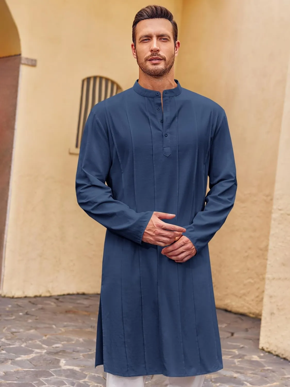 Runcati Mens Kaftan Thobe Button Down Henley Shirts Robe Long Sleeve Casual Cotton Pleated Muslim Gown Shirt
